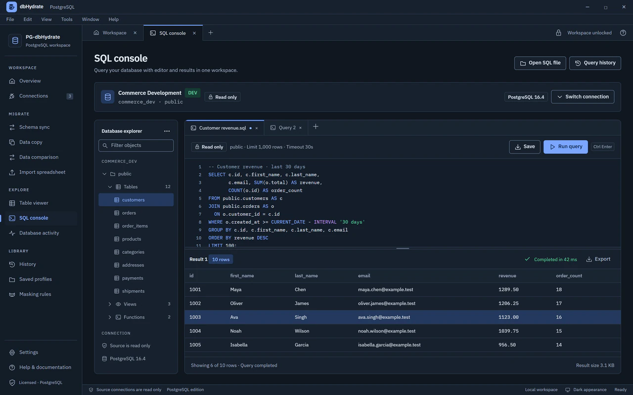 PostgreSQL example: SQL editor with query results in the dark dbHydrate workspace